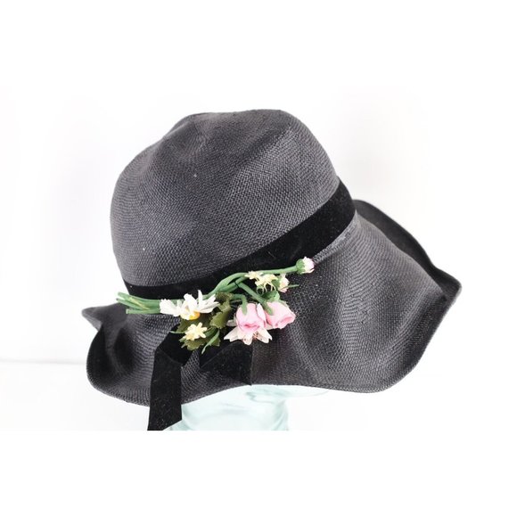 Vintage 60s 70s Streetwear Distressed Flower Straw Floppy Brim Sun Hat Black